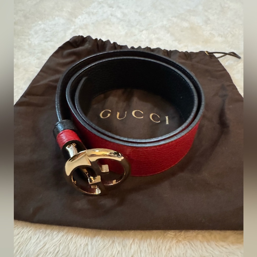 Gucci Black and Red Belt with Gold GG Buckle